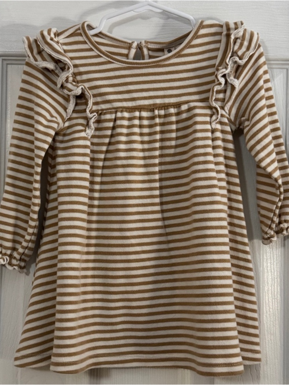 Quincy Mae Baby Girl Cream & Tan Striped Ruffles Dress 100% Organic Cotton